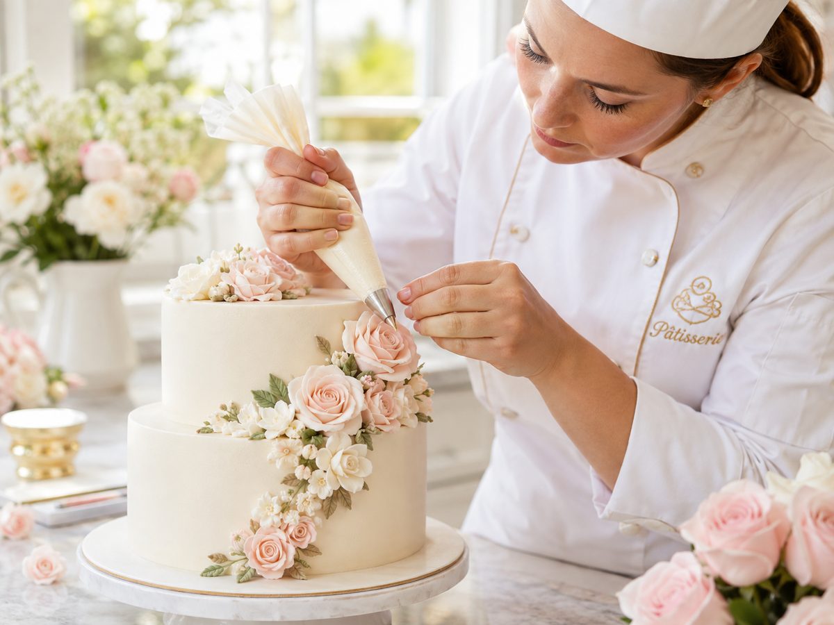 The Petite Four baker piping sugar florals onto a wedding cake