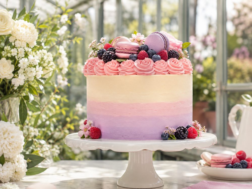 Colorful celebration cake with macarons
