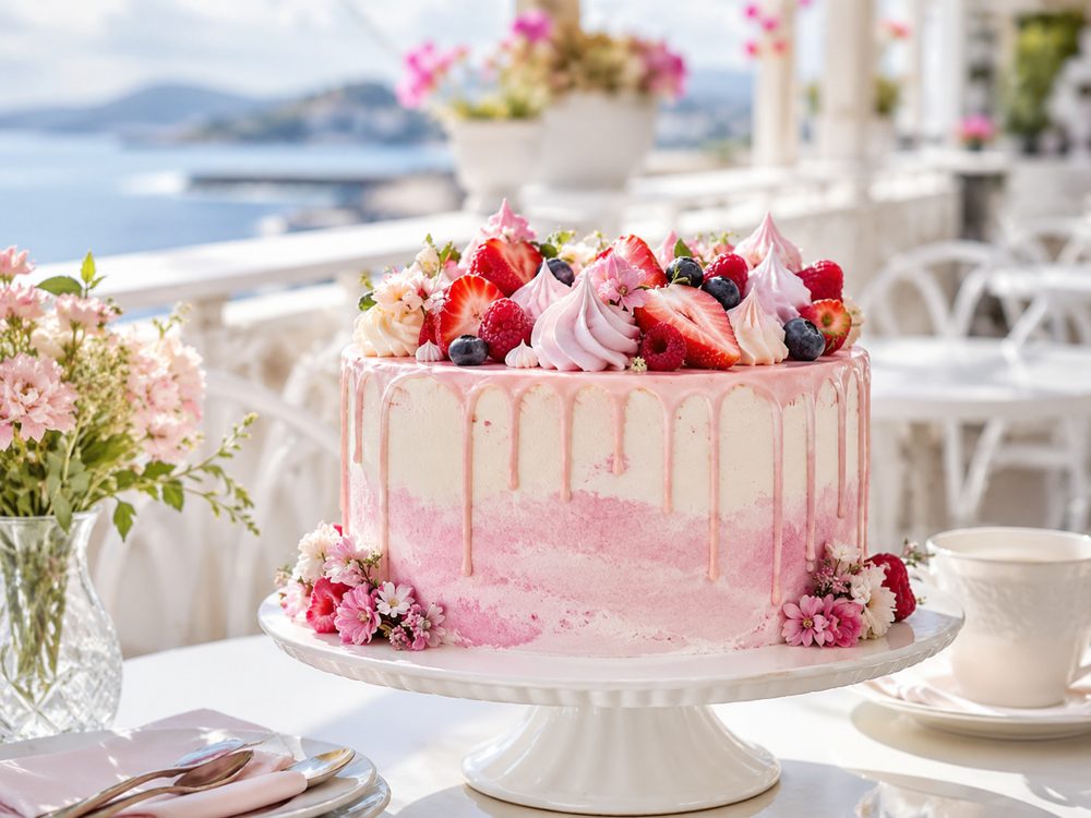 Pink drip cake with berries