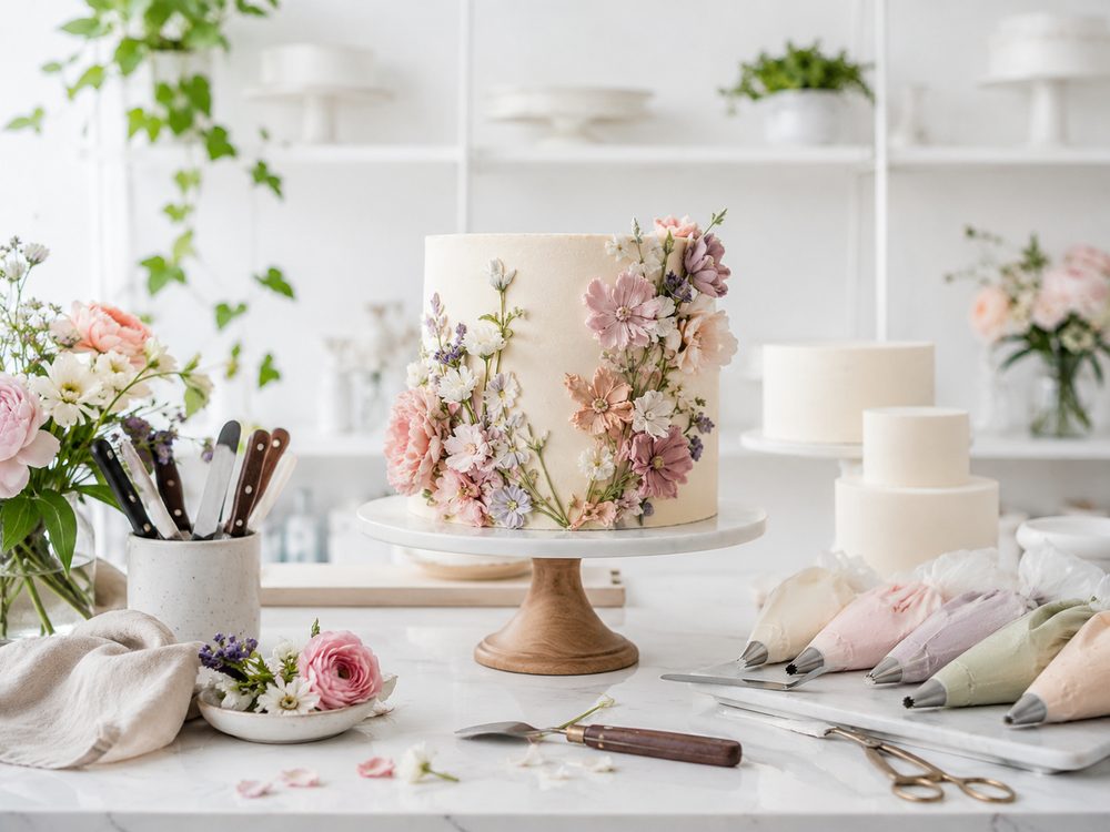 Custom pressed-flower buttercream cake