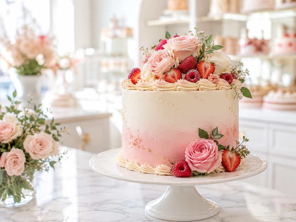 Pink ombre cake with roses