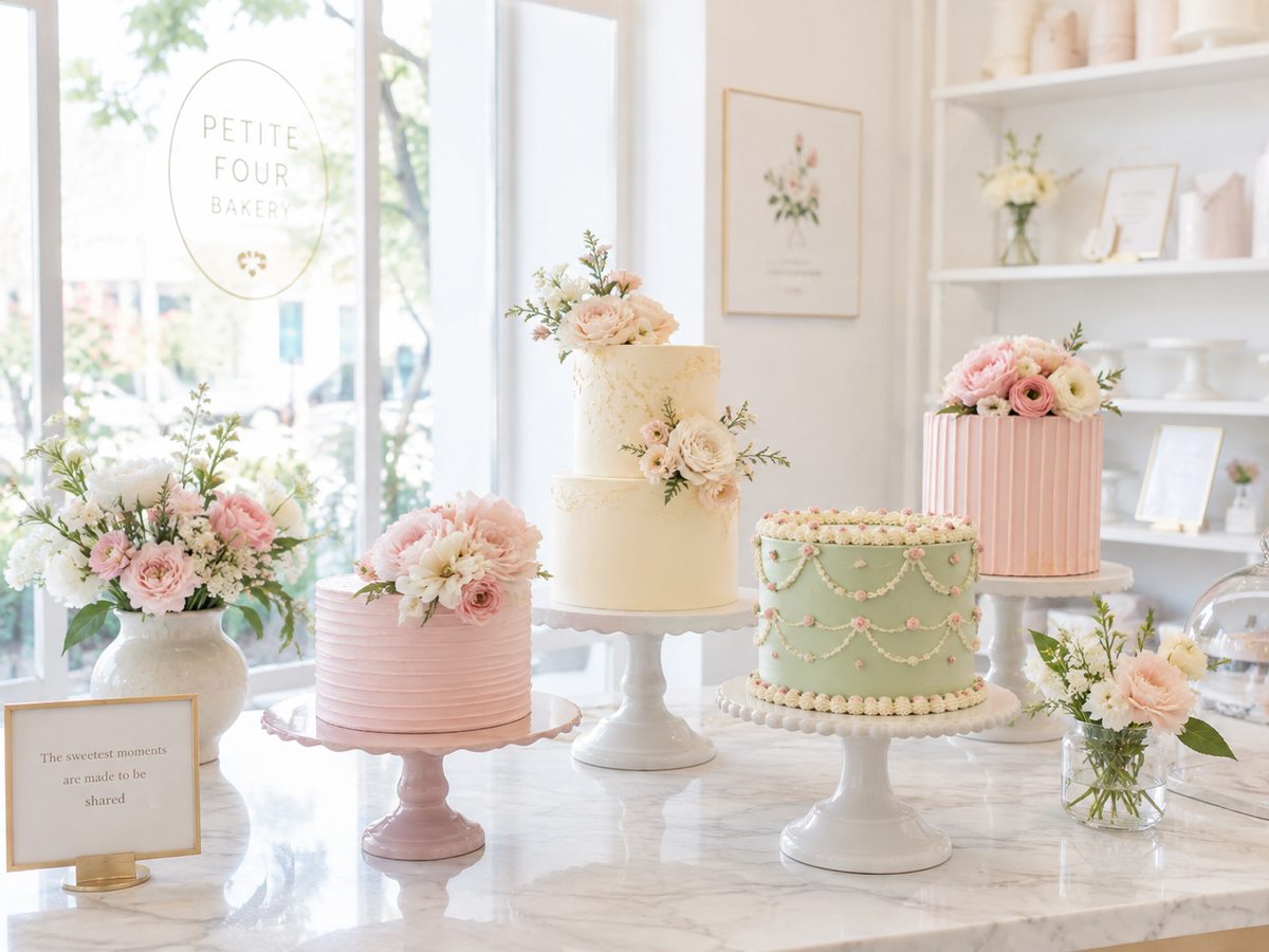 A display of Petite Four celebration cakes