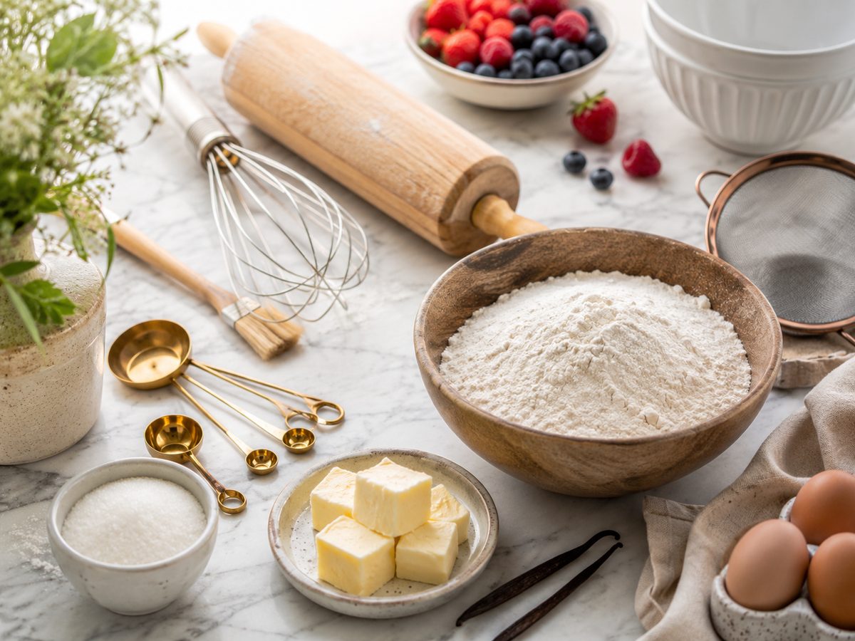 Flour, butter, eggs, vanilla and gold measuring spoons on marble