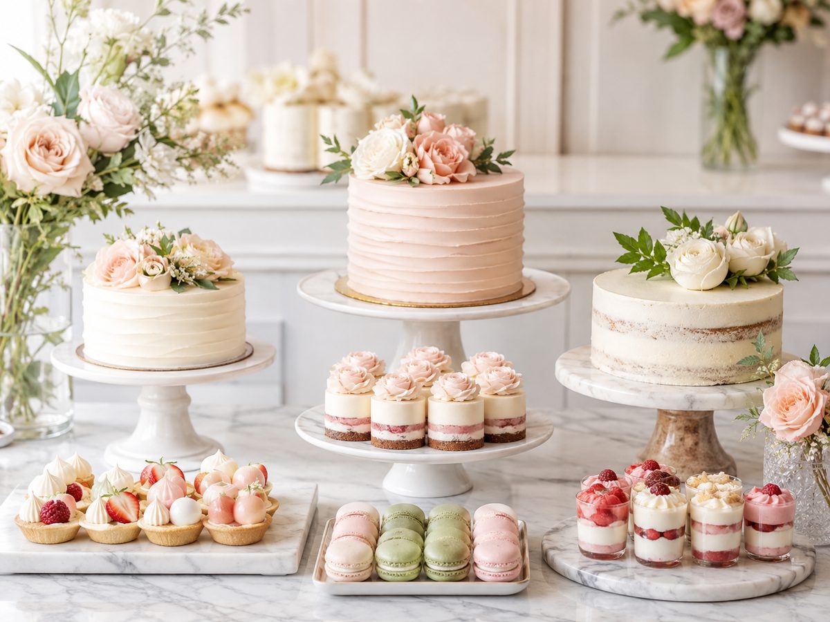 A styled dessert table of cakes, tarts and macarons