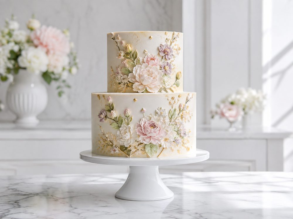 Hand-painted floral wedding cake with gold leaf